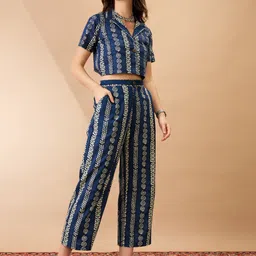 Globus Ethnic Motifs Printed Notch Lapel Collar Cotton Cambric Shirt With Trousers Co-Ords-image-6