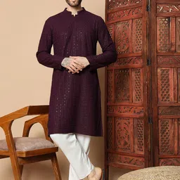 GLITO Men Ethnic Motifs Embroidered Regular Sequinned Kurta with Pyjamas image 5