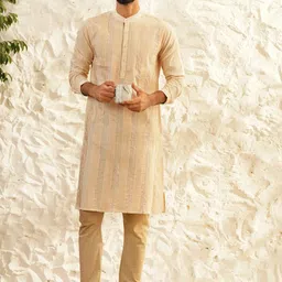 JAYPORE Striped Band Collar Pure Cotton Straight Kurta-image-26