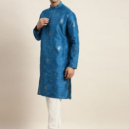 SOJANYA Men Blue Mirror Work Kurta with Pyjamas & Nehru Jacket image 4