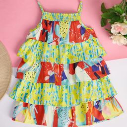 StyloBug Girls Abstract Print Shoulder Straps Neck Empire Dress-14