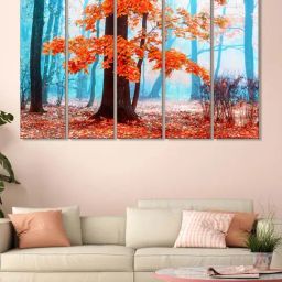 999Store Orange & Blue Leaves Tree Forest Art 5 Frame MDF Paintings-17
