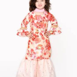 Saka Designs Kids Light Pink & Ivory Floral Print Full Sleeves Kurta with Sharara & Dupatta-image-46