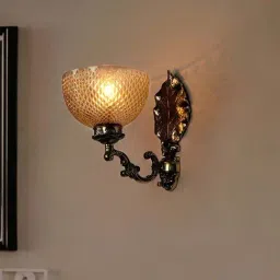 FOS LIGHTING Traditional Betel Leaf Golden Aluminium Single Light Wall Sconce With Bowl Glass Shade-image-92