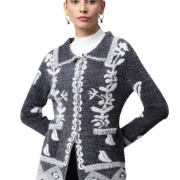 Global Republic Navy & White Wool Printed Furry Cardigan-22