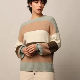 ONLY Women Colourblocked Striped Pullover with Fuzzy Detail-picture-37
