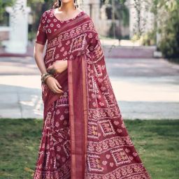 Satrani Maroon Floral Print Saree With Unstitched Blouse-image-13