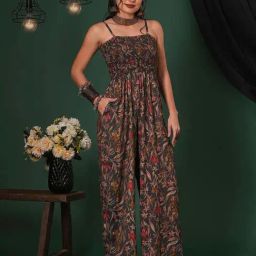 Globus Women Grey Square Neck Adjustable Strappy Shoulder Smocked Floral Print Fusion Jumpsuit-picture-13