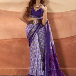 Satrani Purple Cotton Blend Printed Saree With Unstitched Blouse-image-20