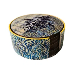 THE HOME CO. Set Of 6 Blue Motif Printed Enamel Round Wooden Coasters image 4