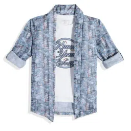 Charchit Boys Blue Cotton Comfort Fit Printed Shrug with T-Shirt-image-90