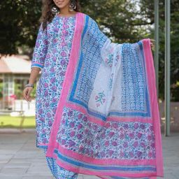 Rain and Rainbow Blue Cotton Embroidered Kurta & Salwar Set With Dupatta-image-69
