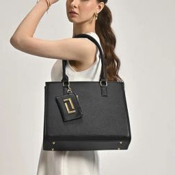 LAVIE LUXE Black Textured Large Laptop Satchel Handbag with Pouch-image-66