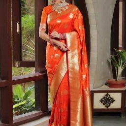 Satrani Orange Silk Blend Woven Saree With Unstitched Blouse-picture-0