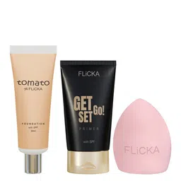 FLiCKA 3Pcs Makeup Combo - Tomato Foundation & Get Set Go Primer with Beauty Blender-21