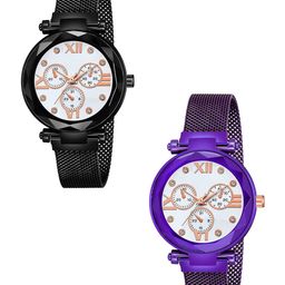 Gopal Shopcart Unisex Pack Of 2 Analogue Watch Mina White Dial Black Purple-image-87