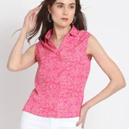 Shaye Band Collar Pink Floral Print Drop Shoulder Sleeveless Casual Tops For Women-image-19