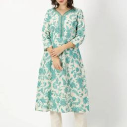 Saffron Threads Off White & Green Floral Print A Line Kurta-66