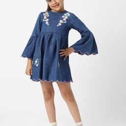 Nauti Nati Floral Embroidered Bell Sleeve Denim A-Line Dress-picture-6