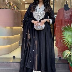 KALINI Embroidered Thread Work Pure Silk A-Line Kurta With Trousers & Dupatta-image-8