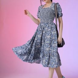 Krunal Raiyani Printed Fit and Flare Smocked Midi Dresses-picture-29