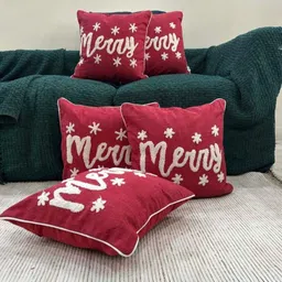 LUSHLYF Red & White 5 Pieces Merry Script Embroidered Cotton Square Cushion Covers-13