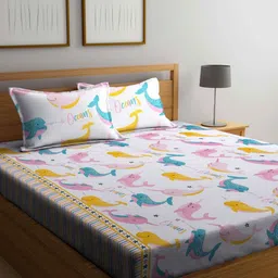 Myntra Elegant Homes White & Blue Graphic 300 TC Fitted King Bedsheet Set 2.50 m x 2.25 m-image-37