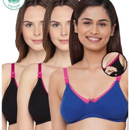 Inner Sense Pack Of 3 Organic Antimicrobial Laced Soft Nursing Bra - Blue & Black-image-66