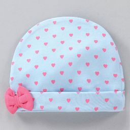 Babyhug 100% Cotton Cap With Bow Applique Heart Print Blue- Diameter 11 cm-image-56