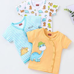 Babyhug 100% Cotton Knit Half Sleeves Striped & Dino Printed Vests Pack of 3 - Orange White & Blue-image-52