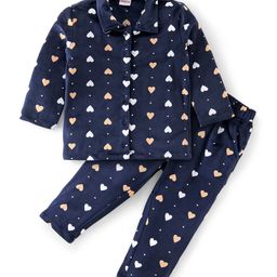 Babyhug Lycra Woven Full Sleeves Winter Wear Shirt & Lounge Pant Set Heart Print - Navy Blue-image-38