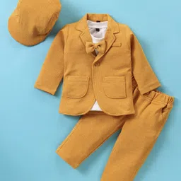Robo Fry Cotton Blend Knit Full Sleeves Solid Color Blazer with T-Shirt & Trousers Set with Bow - Golden-picture-8