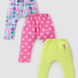 Babyhug Cotton Knit Full Length Diaper Leggings with Floral Print Pack of 3 - Multicolour-picture-28