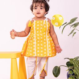 Vastramay Cotton Sleeveless Bandhani Printed Kurta And Dhoti Pant Set - Yellow And White-image-87