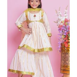 Little Bansi Cotton Three Fourth Sleeves Abstract Foil Printed & Beads Embellished Kurta Sharara Dupatta  Set - Cream-image-44