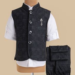 JASH KIDS Cotton Woven Full Sleeves 3 Piece Suit with Broach - White & Navy Blue-image-111