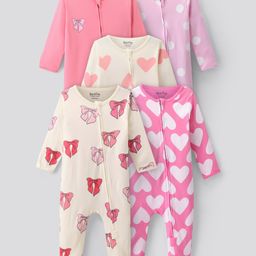 Bonfino 100% Cotton Knit Full Sleeves Sleep Suits With Hearts & Polka Dots Print Pack Of 5 - Light Pink Off White & Pink-image-71