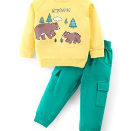 Babyhug Cotton Knit Full Sleeves T-Shirt & Lounge Pants Set With Bears Print - Yellow & Green-picture-12