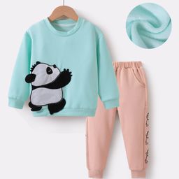 Kookie Kids Full Sleeves Winter Wear T-Shirt & Lounge Pant Set with Panda Patch & Print -Sea Green-image-63