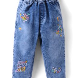 Olio Kids Denim Woven Full Length Paper Bag Jeans with Floral Embroidery - Blue-image-25