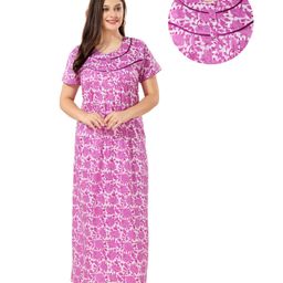 Piu Cotton Half Sleeves Lace Embellished & Floral Printed Plus Size Nighty With Nursing Access - Purple-image-79