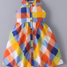 Mark & Mia Sleeveless Halter Neck Front Open Checkered Frock - Multicolor-image-24