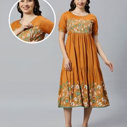 Dummy Shape Viscose Rayon Half Sleeves Floral Printed Maternity Flared Kurta With Nursing Access - Mustard Yellow-picture-16