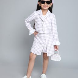 Taffykids Tweed Full Sleeves Checked Top & Skort With Jacket Set - Lilac & White-image-66