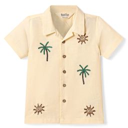Bonfino 100% Cotton Woven Half Sleeves OversizedPalm Tree Embroidered Shirt - Cream-picture-7
