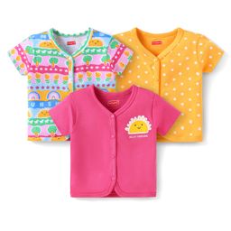 Babyhug Interlock Knit Half Sleeves Antibacterial Open Vest With Polka & Floral Print Pack Of 3 - Yellow & Pink-image-70