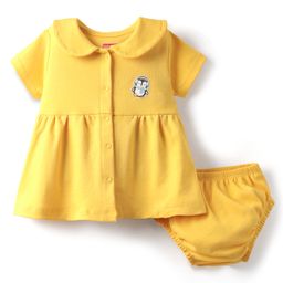 Babyhug Cotton Woven Half Sleeves Solid Colour Frock With Bloomers - Yellow-image-16