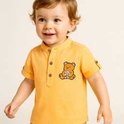 Babyoye Cotton Linen Woven Half Sleeves Solid Colour Kurta Style Shirt With Bear Embroidery - Yellow-picture-9