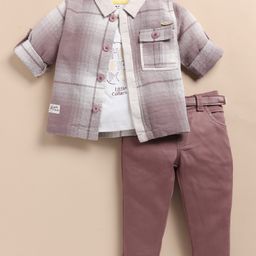 LITTLE COLLARS Cotton Full Sleeves Checked Shacket & Pant Set With Inner Tee - Lavender-image-74