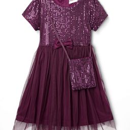 Kookie Kids Woven Half Sleeves Party Dress With Sequin Detailing Bow Applique & Sling Bag - Wine-image-72